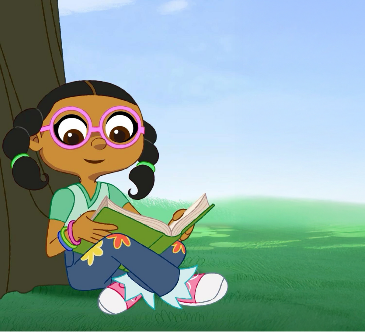 Cartoon character reading a book under a tree with a green field and blue sky in the background